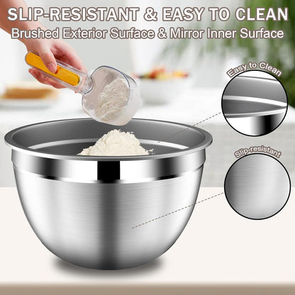 DUTZUN Mixing Bowls with Lids Set - 16pcs Stainless Steel Mixing Bowl Set with Colander, 3 Grater Attachments, Non-Slip Bottom, Metal Nesting Bowls with Strainer for Mixing & Serving - Black