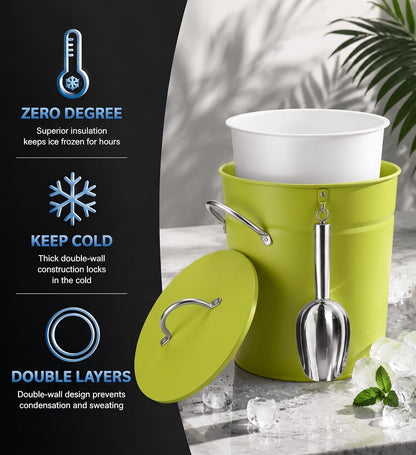 3Qt Black Galvanized Ice Bucket with Lid, Scoop & Handles - Ideal for Cocktails, Parties, BBQs, Wine & Champagne. Double-Layer Insulated Outer & Galvanized Inner Layer, Perfect for Home & Outdoor Use