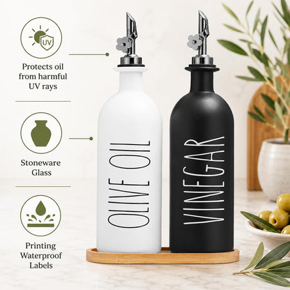 HOMCDALY Premium Olive Oil Dispenser for Kitchen, 11.8oz Glass Oil Bottles with Bamboo Tray, White Oil&Vinegar Cruet Set, Kitchen Dispenser Bottles with Pourer| Set of 2 (11.8oz –P–White)