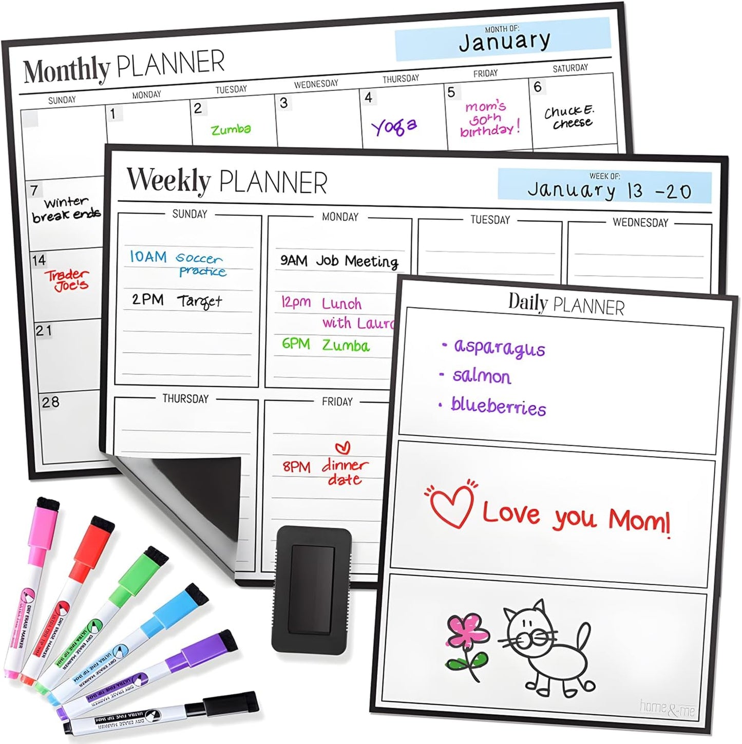 Cinch! Magnetic Calendar Bundle of 3 - Monthly, Weekly, Daily Planning Dry Erase Boards for Fridge - Magnetic Fridge Calendar Whiteboard Set with 6 Fine Tip Markers, Large Eraser, and Magnets