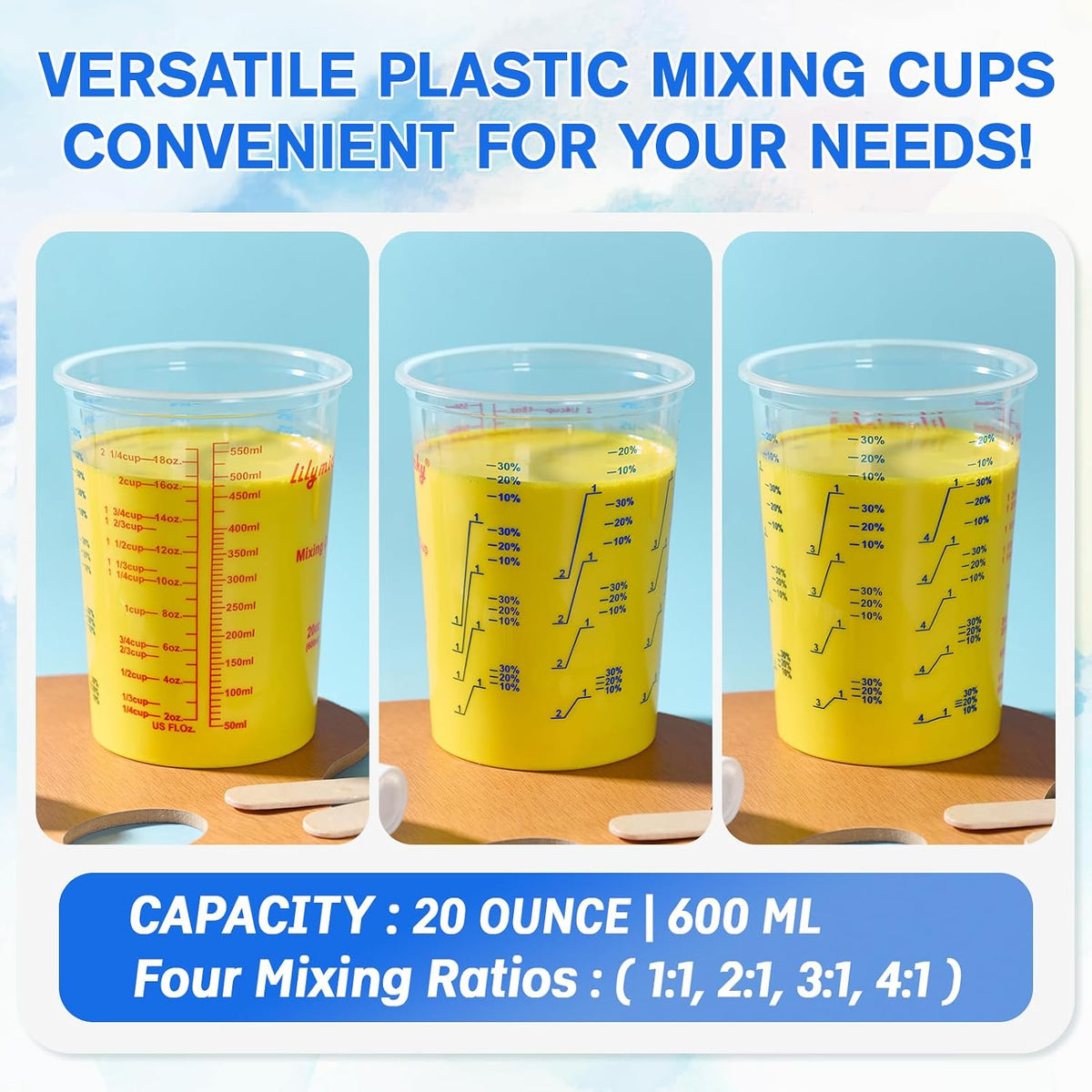 Plastic Mixing Cups, 20 oz Measuring Cups with Mixing Sticks