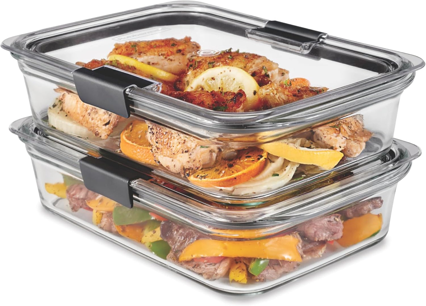 Rubbermaid Brilliance Glass Food Storage set of 4 containers 8 total pieces (4 containers + 4 lids) for Lunch Meal Prep and Leftovers Dishwasher and Oven Safe Clear/Grey