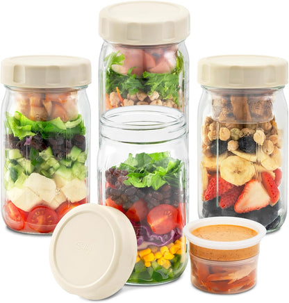 SOLIGT 4 Pack Glass Salad Jars with Lids Meal Prep, Leakproof Container for Lunch, with Wet/Dry Separation Cups, 32oz Mason Jars (Pink/Orange/Sky Blue/Olive Green)