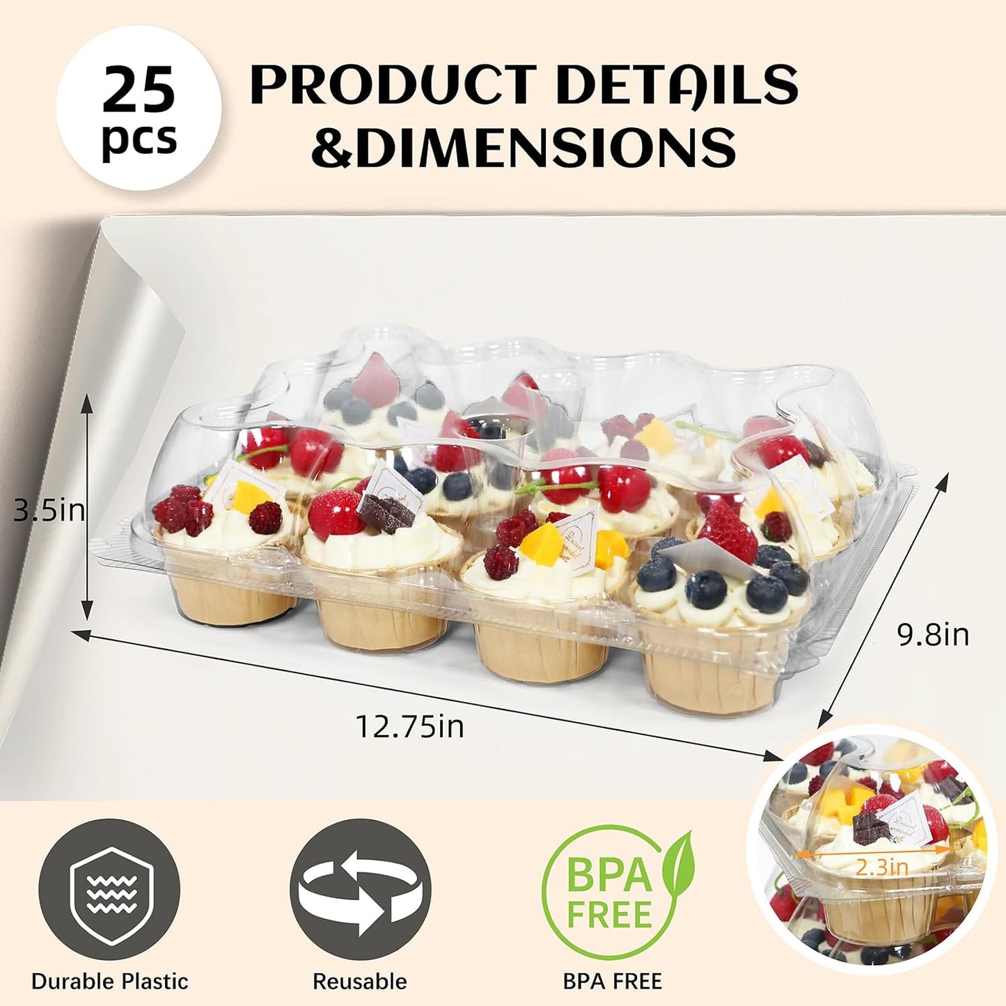 WIKDAY 12 Count x 12 Sets Plastic Cupcake Containers, Durable and BPA-Free Cupcake Holder with Lid for Easy Transport Storage, Stackable Clear Cupcake Carriers, Reusable Dessert Boxes