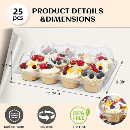 WIKDAY 12 Count x 12 Sets Plastic Cupcake Containers, Durable and BPA-Free Cupcake Holder with Lid for Easy Transport Storage, Stackable Clear Cupcake Carriers, Reusable Dessert Boxes