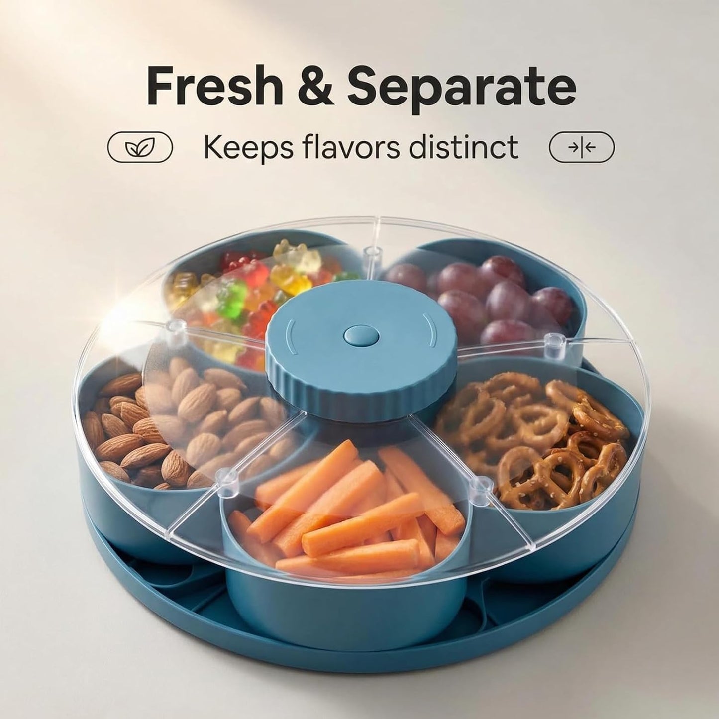 Divided Spin and Snack Serving Tray with Lid, Lazy Susan Rotating Sectional Platter for Parties, Movie Nights & RV, Multi-Compartment Charcuterie Board Organizer for Fruit, Nuts, Veggies & Dips (Gray)
