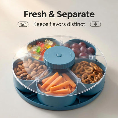 Divided Spin and Snack Serving Tray with Lid, Lazy Susan Rotating Sectional Platter for Parties, Movie Nights & RV, Multi-Compartment Charcuterie Board Organizer for Fruit, Nuts, Veggies & Dips (Gray)