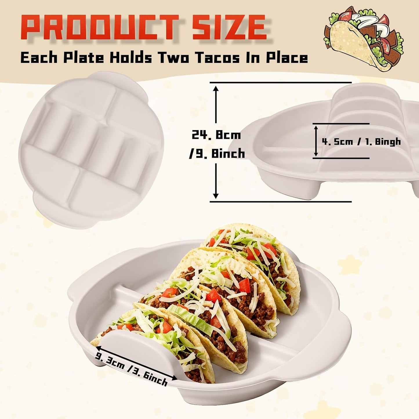 Aolin Silicone Taco Plates Set of 2, 9.8 Inch Reusable Taco Holder with Dividers - Fits Both Soft & Hard Shell Tacos, Microwave & Dishwasher Safe, Ideal Taco Serving Tray for Taco Nights & Parties