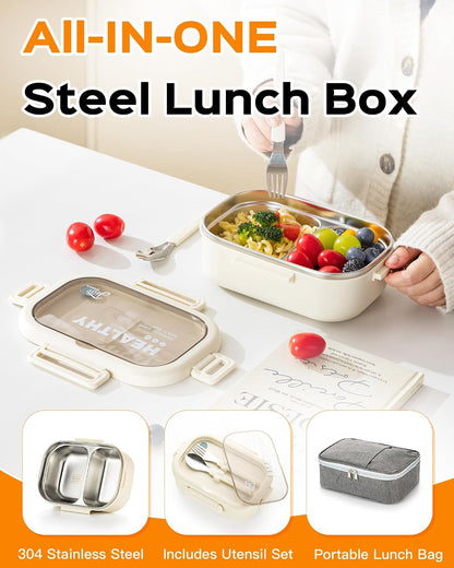 Lille Home 28oz Stainless Steel Leakproof 2-Compartment Bento Lunch Box/Portion Control Food Container with Lunch Bag and Cutlery Set, BPA Free (pink)