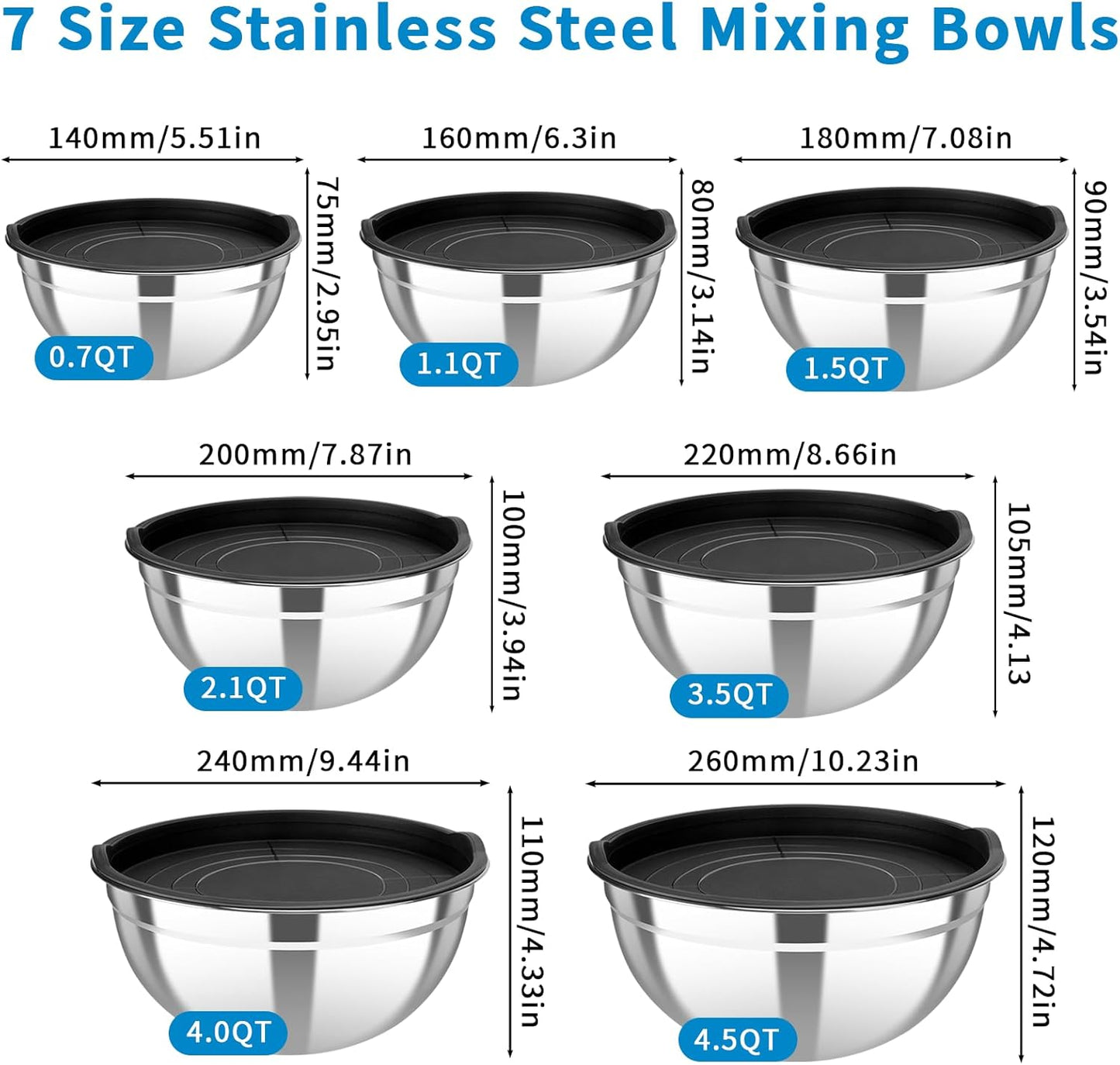 Stainless Steel Mixing Bowls with Lids Set, 7 Pcs Nesting Design Metal Mixing Bowls Salad Bowl for Mixing, Prepping and Serving Food(Size4.5-0.7QT)