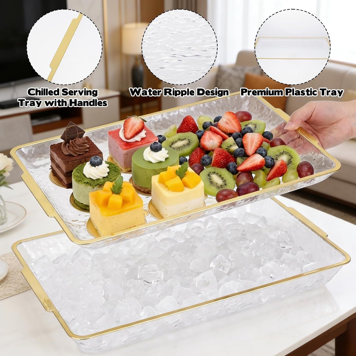 2 Set Chilled Serving Trays for Parties, 16" x 9.8" Plastic Compartment Charcuterie Platters for Serving Food Ice Party Servings Dish Keeps Food Cold for Vegetable, Fruit, Cheese, Seafood & Dip