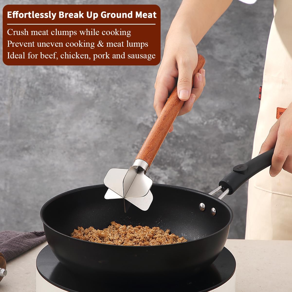 Kyraton Meat Chopper, Stainless Steel Hamburger Grinder With Wood Handle, Premium Heat Resistant Smasher for Ground Beef, Burger Potato Masher Mix Tool, Meat & Poultry Tenderizers
