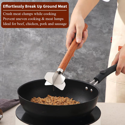 Kyraton Meat Chopper, Stainless Steel Hamburger Grinder With Wood Handle, Premium Heat Resistant Smasher for Ground Beef, Burger Potato Masher Mix Tool, Meat & Poultry Tenderizers