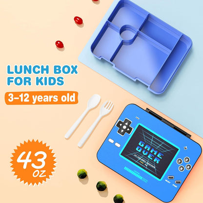 ACESAK Game luminous Boys Backpack - Bento Box with Insulated Lunch Bag Pencil Case, Utensils Set for Kids, 6 Leakproof Compartments Removable Tray Lunches or Snack Container (Blue)