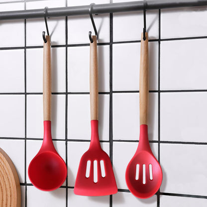Kitchen Cooking Utensils Set, 6Pcs Silicone Kitchen Utensils Set Spatula Spoon Soup Ladle Turner, Heat Resistant Wooden Handle Silicone Cooking Gadgets for Nonstick Cookware & Baking BPA FREE