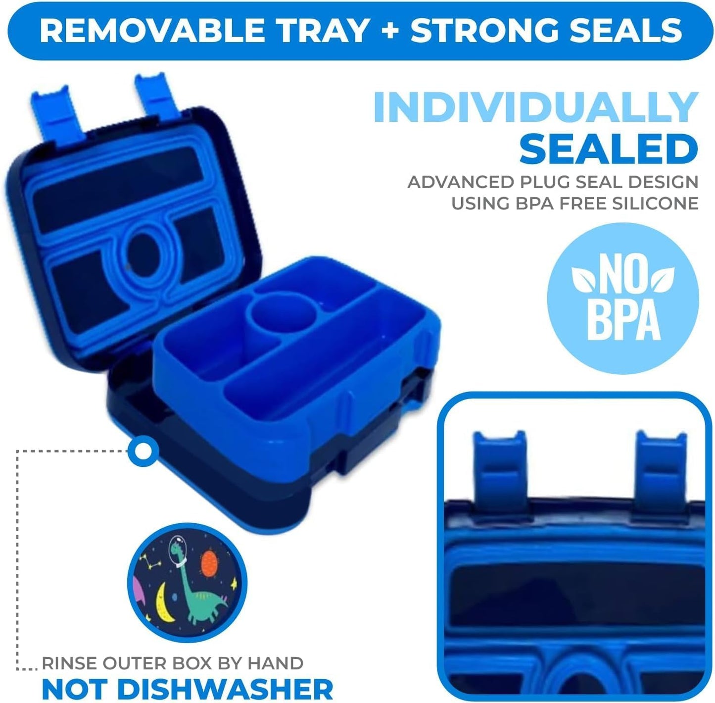 Kids Lunch Box - Bento Box for Boys Toddler Daycare, 4 Portion Sections with Lid, Snack Container Pre-School Kid Lunches Toddlers Removable Tray BPA Free, 3+ Years Old, Blue Rocket Dinosaur