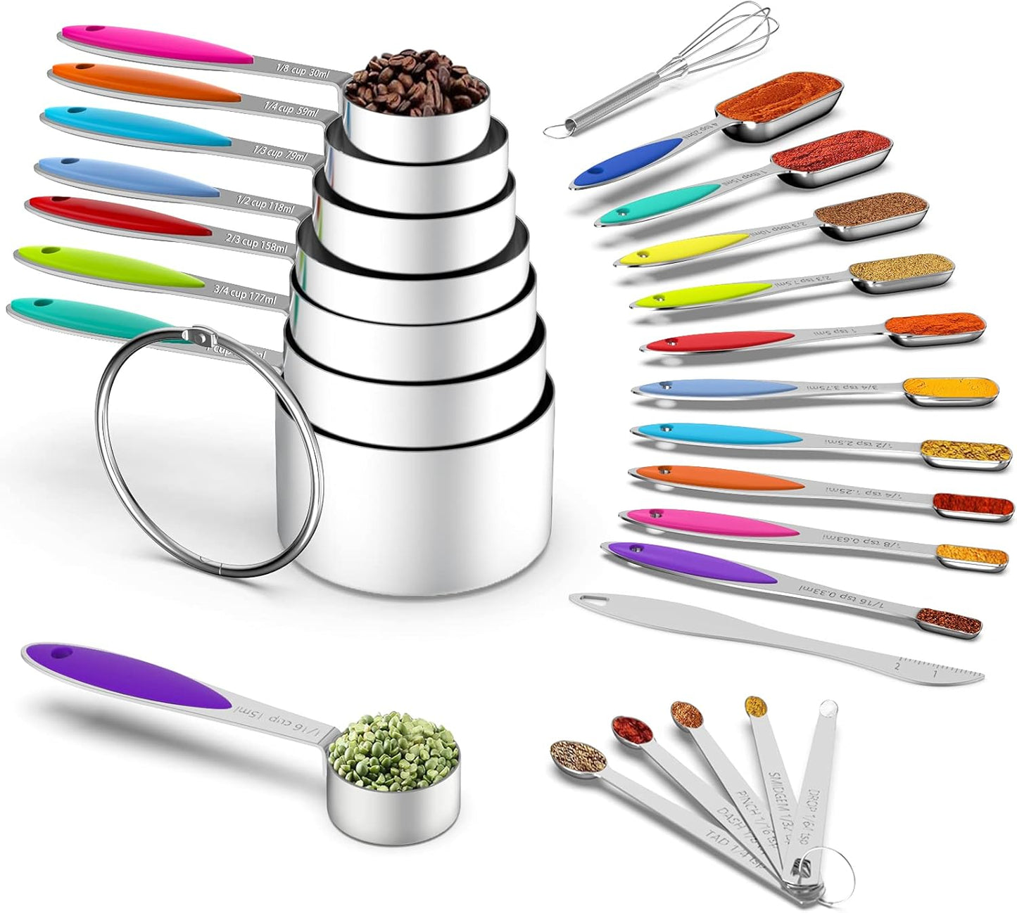 Measuring Cups and Spoons - Wildone Stainless Steel 20 Piece Stackable Set, Includes 8 Measuring Cups, 10 Measuring Spoons, 1 Leveler & 1 Whisk, for Dry and Liquid Ingredient