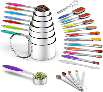 Measuring Cups and Spoons - Wildone Stainless Steel 20 Piece Stackable Set, Includes 8 Measuring Cups, 10 Measuring Spoons, 1 Leveler & 1 Whisk, for Dry and Liquid Ingredient