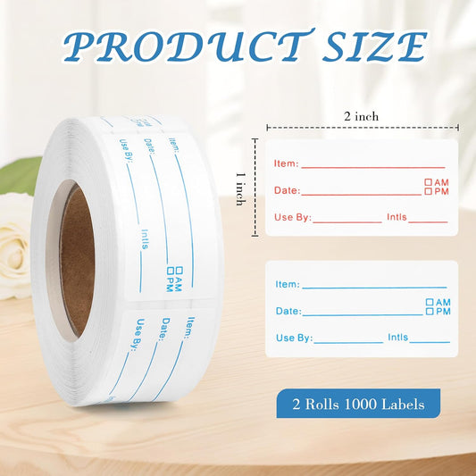 2 Rolls 1000 Pieces Food Labels Stickers, 1x2 inch Removable Food Storage Labels, Freezer Date Stickers for Refrigerator Containers Home and Restaurant Use