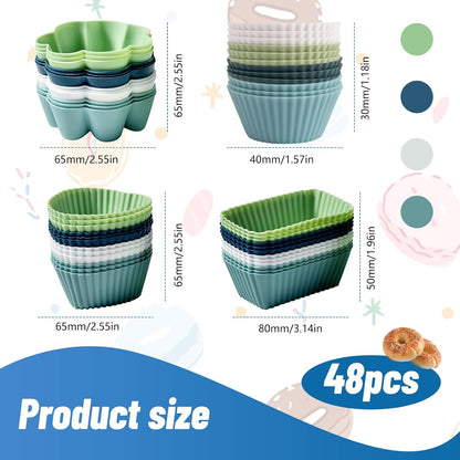 48 Pack Reusable Silicone Muffin Cups, Cupcake Baking Cups Mini Muffin Pan Silicone Cupcake Liners Non-stick Muffin Liners for Party (48, 4 Styles)