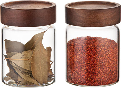 6 pc Glass Spice jars Glass Jars with Screw Lid 5 oz Acacia Wood Glass Herb Sugar Coffee Bean Ground Container Food Storage Canister for Candy Pantry Tea Seasoning Meal Prep Snack (6*150ml(5oz))