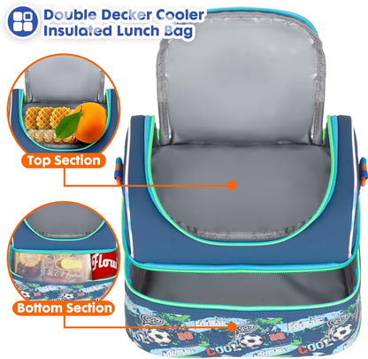 Kids Double Decker Cooler Insulated Lunch Bag, Back to School Large Meal Tote for Boys, Girls, Men, Women, with Adjustable Strap, Soccer
