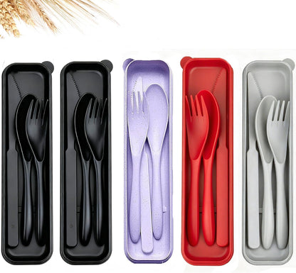 Travel Utensils Set - Reusable 5 Sets Wheat Straw Plastic Cutlery with Case, Portable Forks Spoons and Knives Set, Eco-Friendly BPA Free for Daily Use (5 Purple)