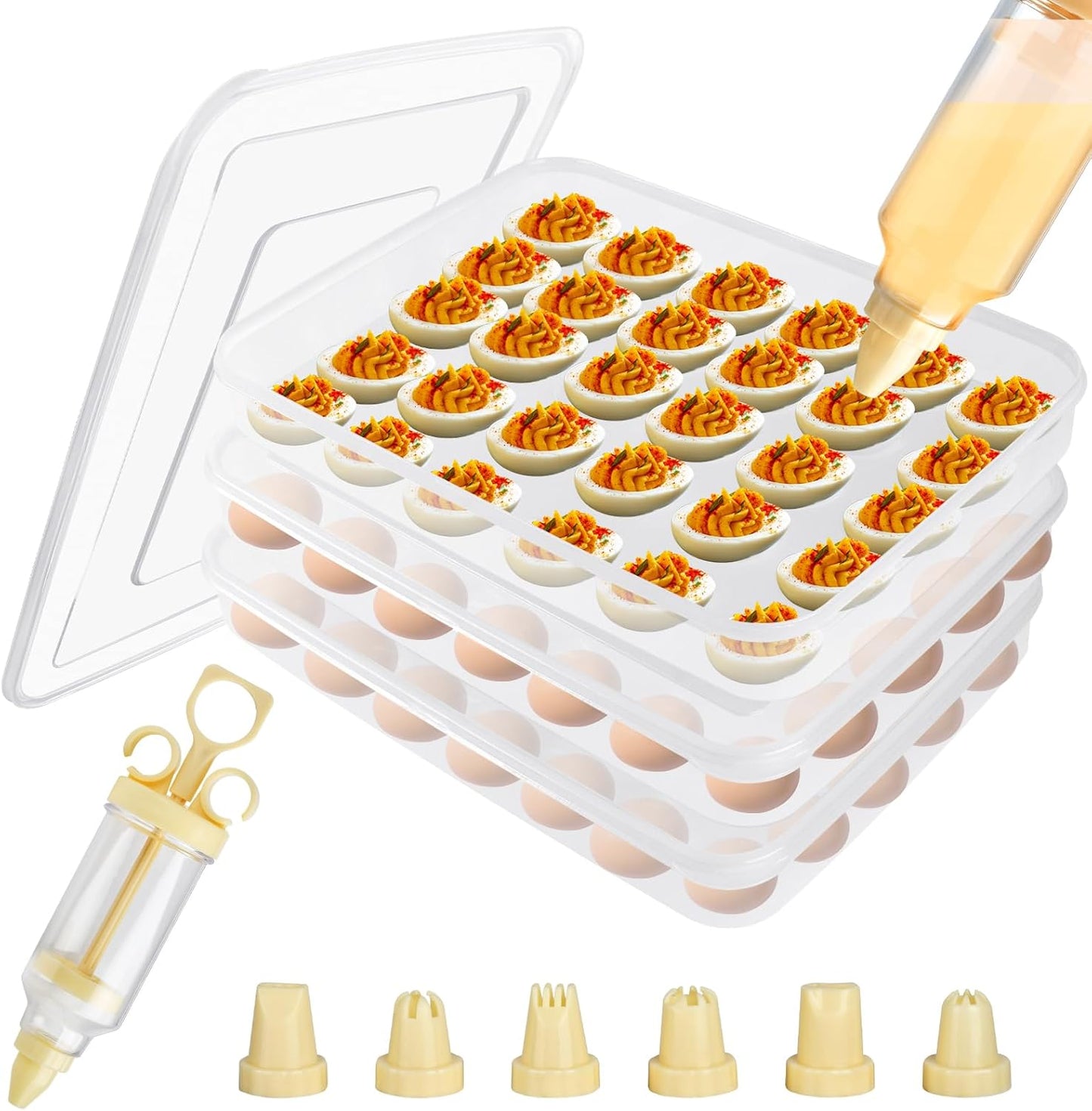 3 Pcs 90 Slots Deviled Egg Containers with Lids, Plastic Deviled Egg Platter, Stackable Egg Carrier, Reusable Deviled Egg Holders with Piping Tool Set for Thanksgiving Easter Party Picnic