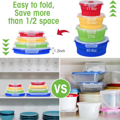 Yaomiao 16 Pack Collapsible Food Storage Containers with Lid Foldable 8 Pcs Rectangle Storage Bowl and 8 Pcs Round Silicone Food Bow for Lunch Rv Accessories Microwave Freezer Safe(Gray, Blue)