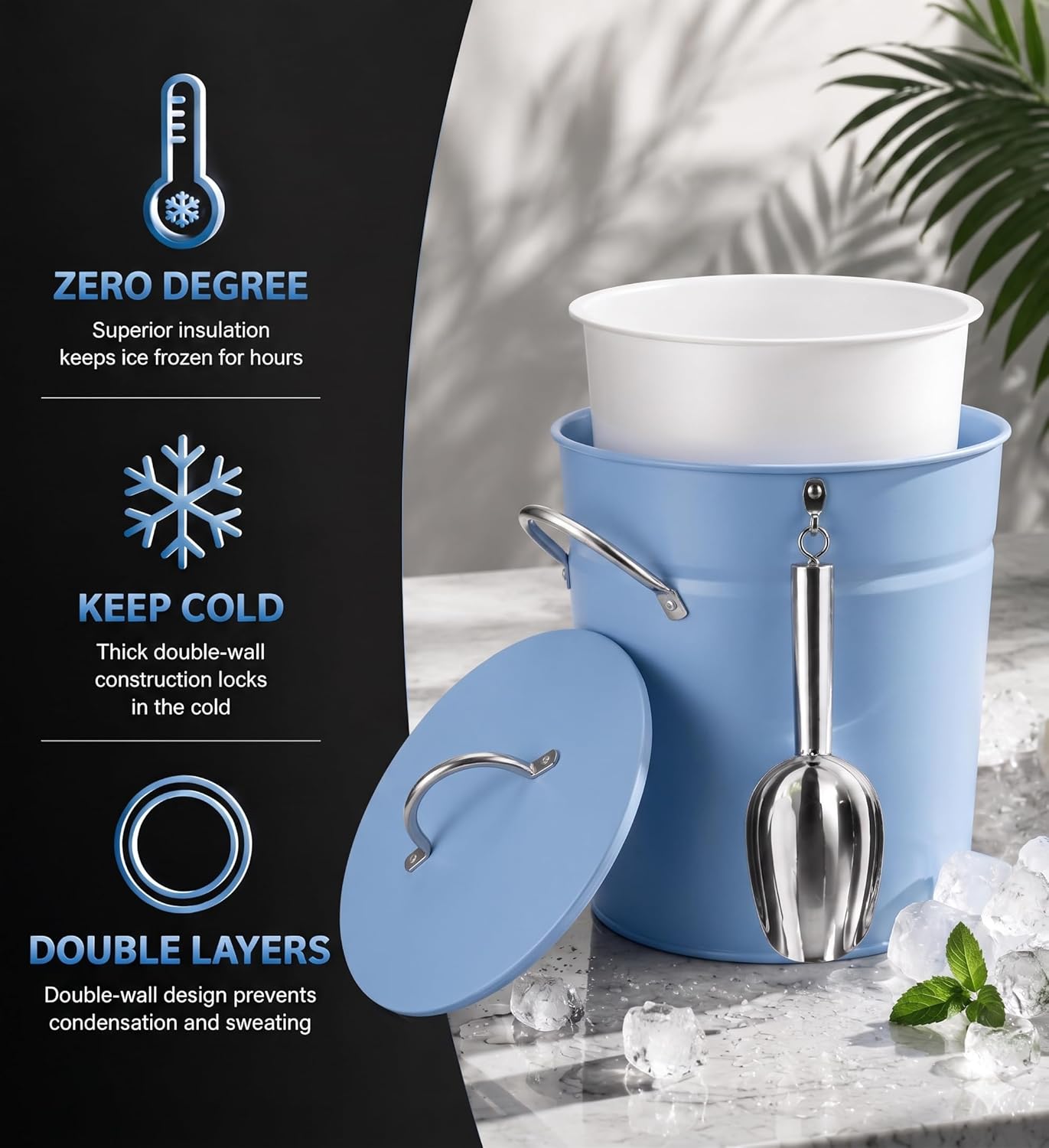 3Qt Black Galvanized Ice Bucket with Lid, Scoop & Handles - Ideal for Cocktails, Parties, BBQs, Wine & Champagne. Double-Layer Insulated Outer & Galvanized Inner Layer, Perfect for Home & Outdoor Use
