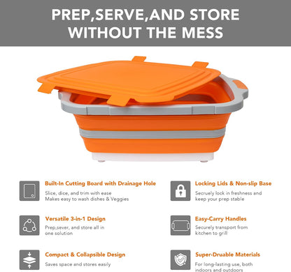 Collapsible Cutting Board(2.11 Gal/8L), BBQ Prep Tub with Locking Lid, Foldable Camping Sink with Colander, Multifunction Dish Basin for Kitchen, Bowl, Vegetable and Fruit, Storage Basket for Picnic