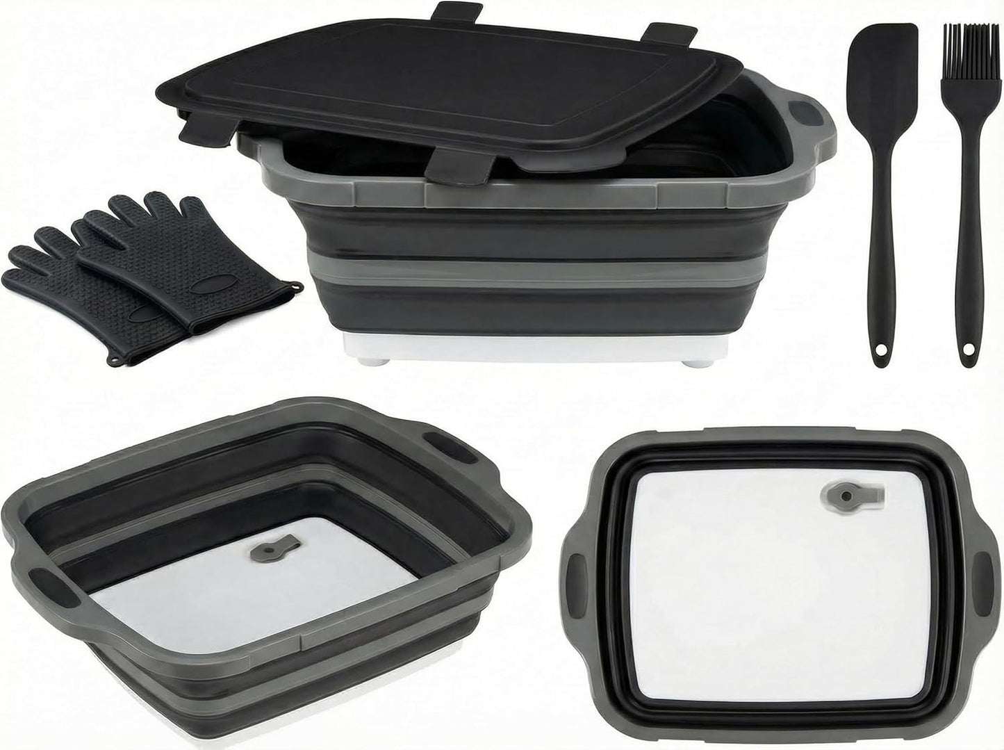 Collapsible BBQ Prep Tub with Lid & Cutting Board 8L - Meat Marinating Basin & Grill Carry System - 5pc Set with Heat Resistant Gloves, Basting Brush & Spatula(Black, Large, 8L)