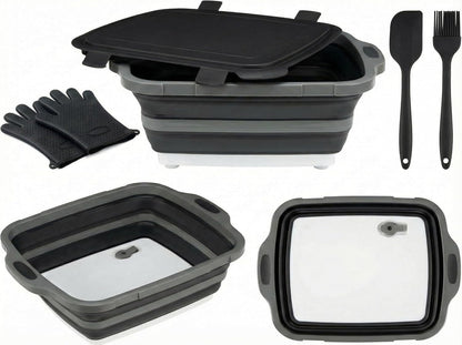 Collapsible BBQ Prep Tub with Lid & Cutting Board 8L - Meat Marinating Basin & Grill Carry System - 5pc Set with Heat Resistant Gloves, Basting Brush & Spatula(Black, Large, 8L)
