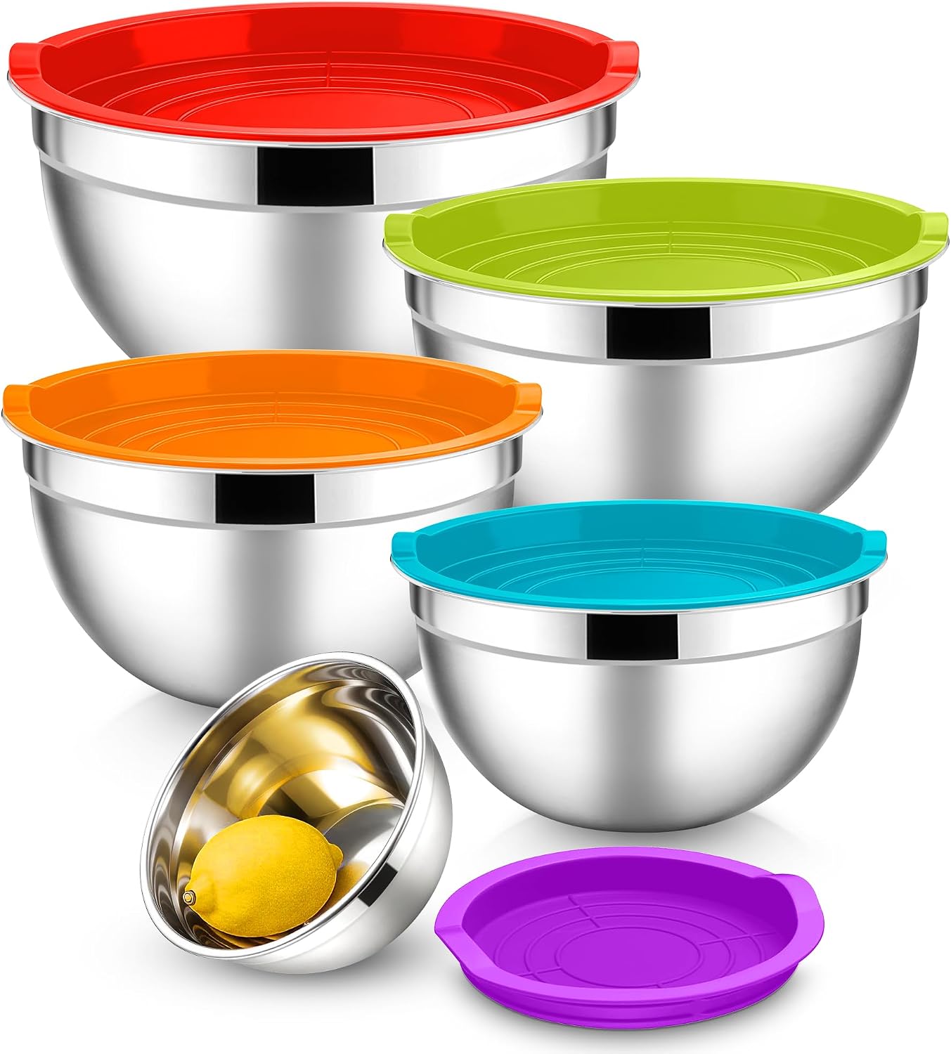 E-far Mixing Bowls With Lids Sets of 5, 10-Piece Stainless Steel Salad Metal Nesting Bowl for Baking Cooking and Prepping, Airtight Lid & Stackable Design, Size 4.6, 3, 2.1, 1.5, 0.7 QT, Black