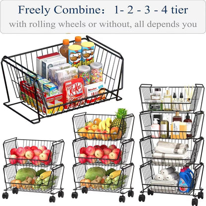 PUSDON 4-Tier Spacious Stackable Wire Storage Baskets with Wheels, Metal Rolling Utility Cart Organizer, Fruit and Vegetable Produce Basket for Kitchen Pantry, Everyday Bathroom Shelf, Silver Grey