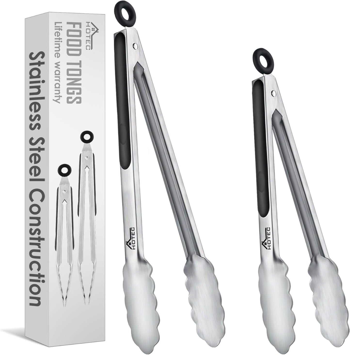 Hotec Stainless Steel Kitchen Tongs, Set of 3-7", 9" and 12", Locking Metal Food Tongs for Cooking, Serving, BBQ, Grill with Non-Slip Grip