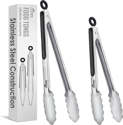 Hotec Stainless Steel Kitchen Tongs, Set of 3-7", 9" and 12", Locking Metal Food Tongs for Cooking, Serving, BBQ, Grill with Non-Slip Grip