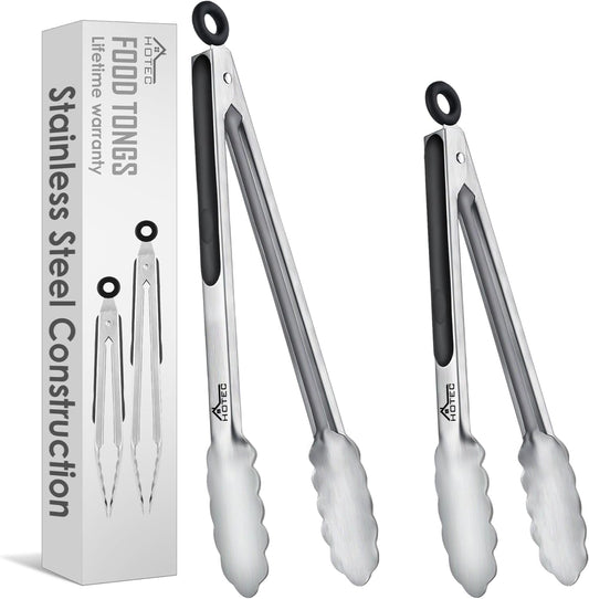 Hotec Stainless Steel Kitchen Tongs, Set of 3-7", 9" and 12", Locking Metal Food Tongs for Cooking, Serving, BBQ, Grill with Non-Slip Grip