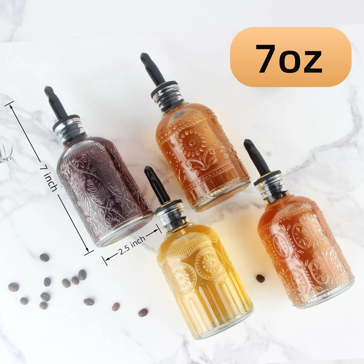 Simple Syrup Bottles Set of 4, Glass Coffee Syrup Dispenser Bottles 7 OZ With Metal Pour Spout, Labels and Stopper, Glass Syrup Dispenser for Maple Honey Syrup Oil and Sauces, LC004 (4 Pack)