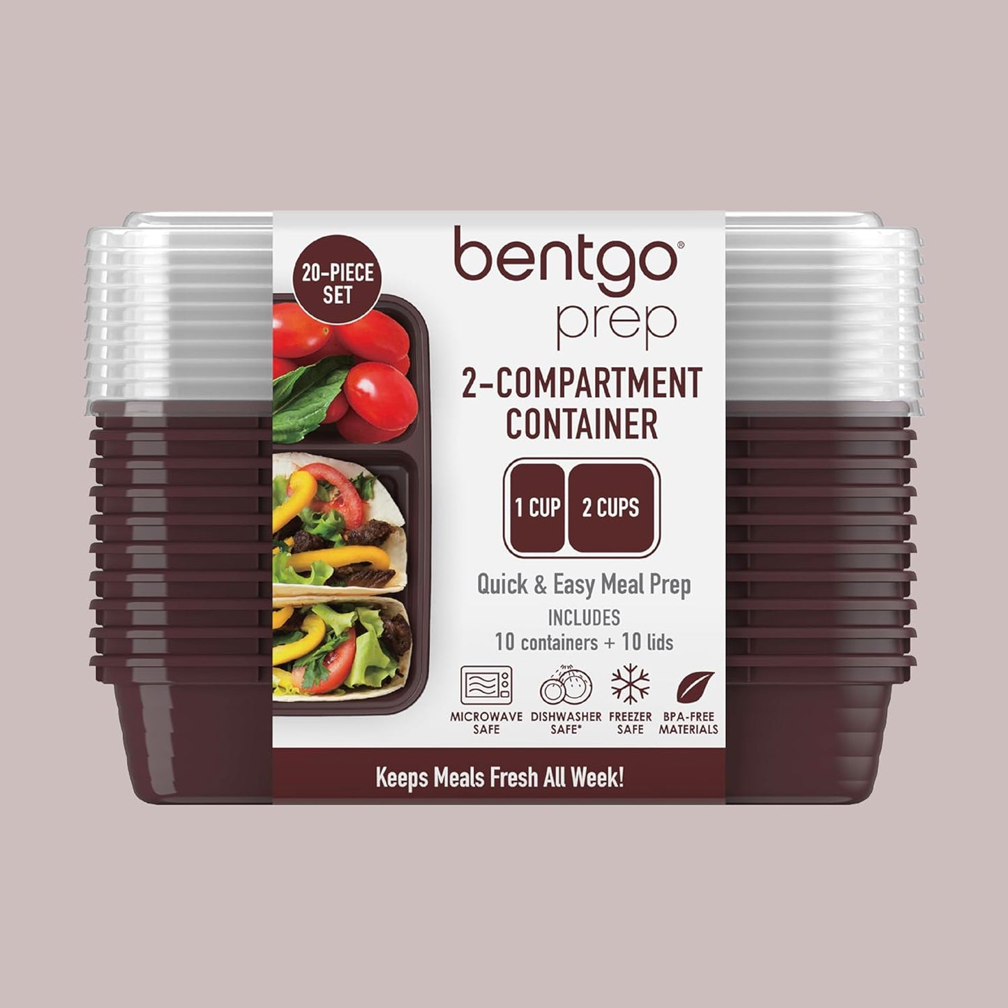 Bentgo Prep - 20-Piece 2-Compartment Reusable Meal Prep Containers with Lids, PFAS & BPA Free Materials, Durable, Microwave, Freezer, & Dishwasher Safe To Go Food Storage (Rose Gold)