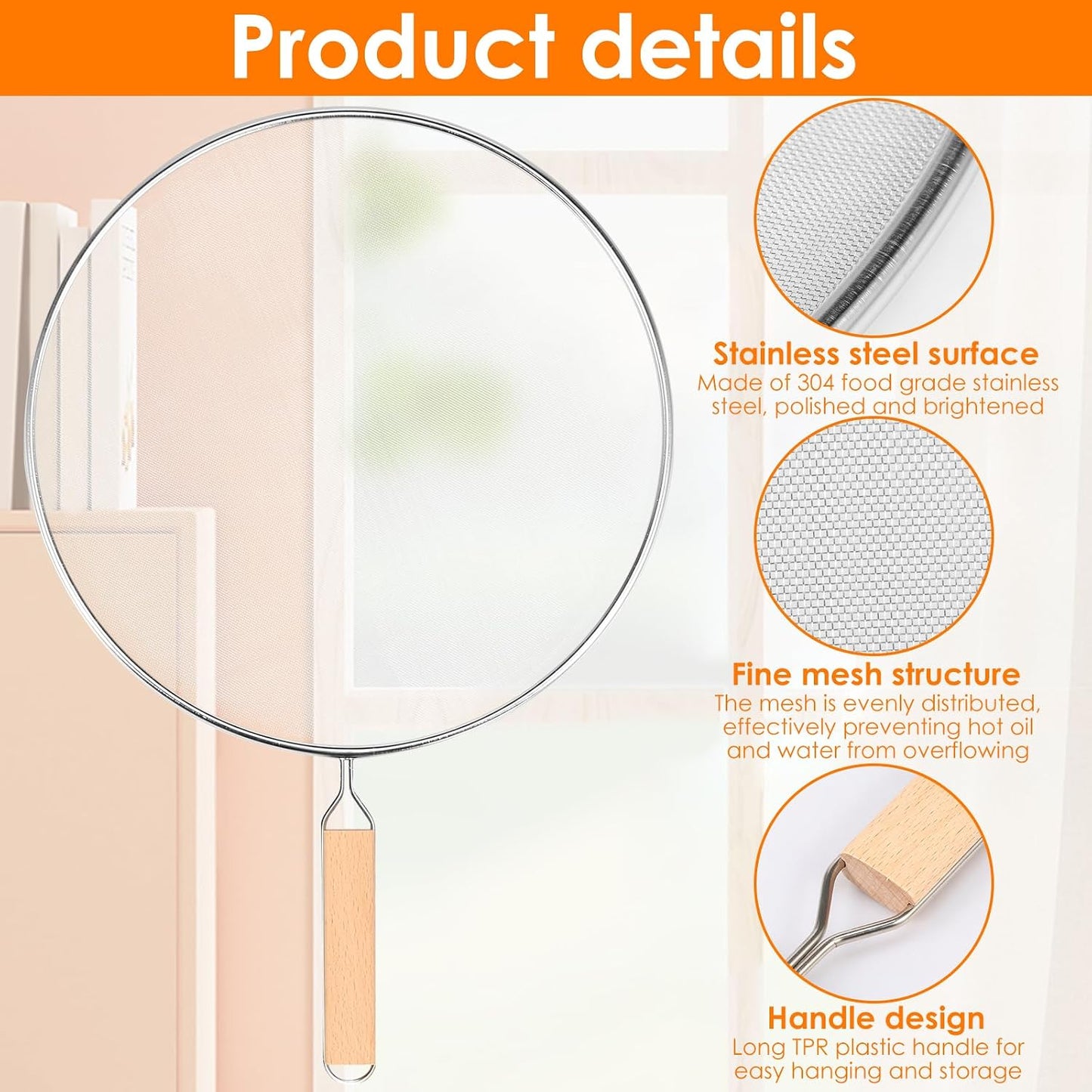 3 Pcs Splatter Screen for Frying Pan, Stainless Steel Fine Mesh Oil Splatter Guard, Splatter Guard with Wood Handle, Grease Splatter Guard for Cooking to Prevent Oil Splatter