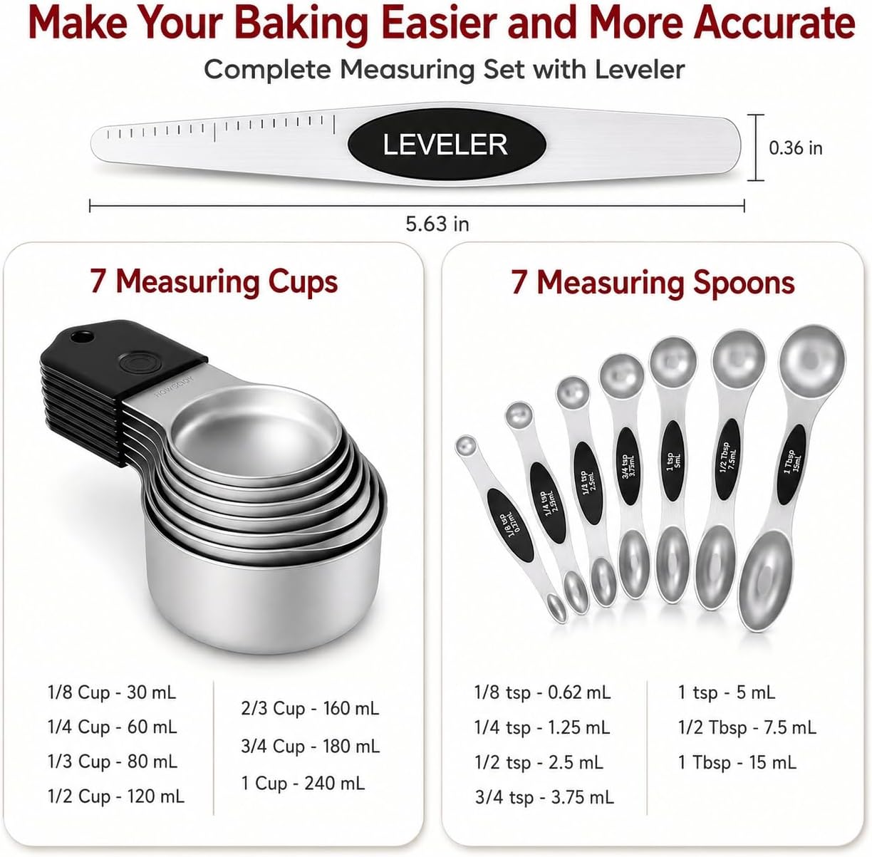 Magnetic Measuring Cups and Spoons Set304 Stainless Steel Dual Scale Set of 15, Strong N52 Magnetic Nesting Design with Leveler, for Dry&Liquid Ingredients, Dishwasher Safe(Colorful)