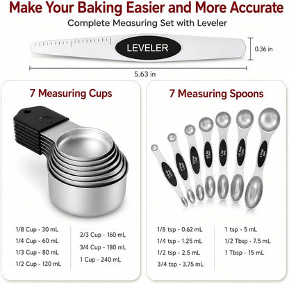 Magnetic Measuring Cups and Spoons Set304 Stainless Steel Dual Scale Set of 15, Strong N52 Magnetic Nesting Design with Leveler, for Dry&Liquid Ingredients, Dishwasher Safe(Colorful)