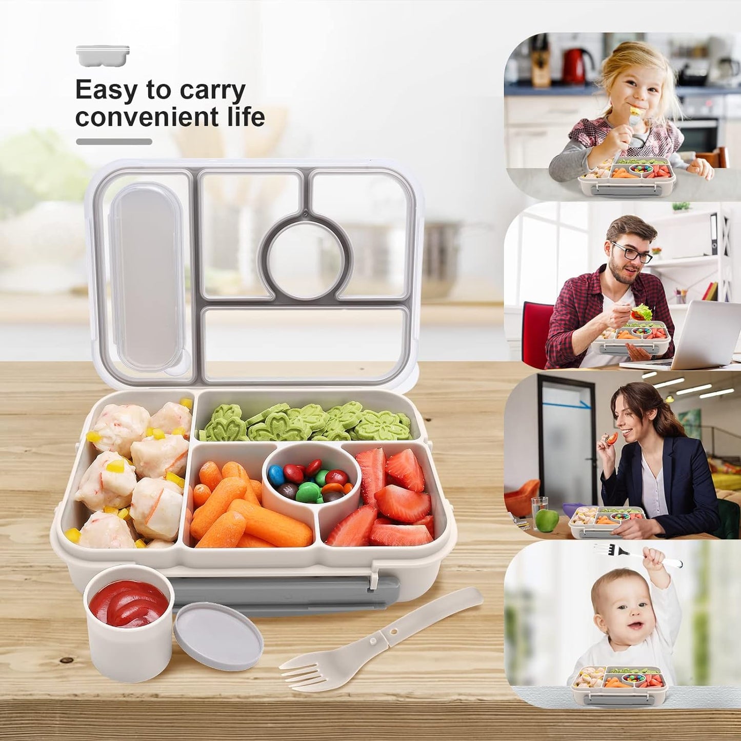 Amathley Bento Box Adult Lunch Box Kids,Lunch Containers for Adults/Kids/Toddler,5 Compartments Bento Lunch Box with Sauce Vontainers,Microwave & Dishwasher & Freezer Safe,BPA-Free (Blue)