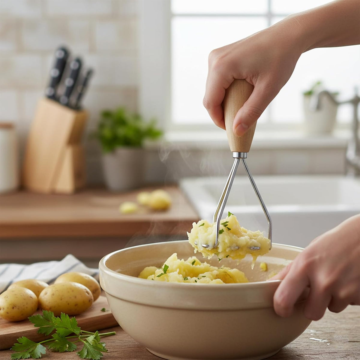 5.9" Mini Potato Masher,Avocado Masher with Wood Non Slip Handle