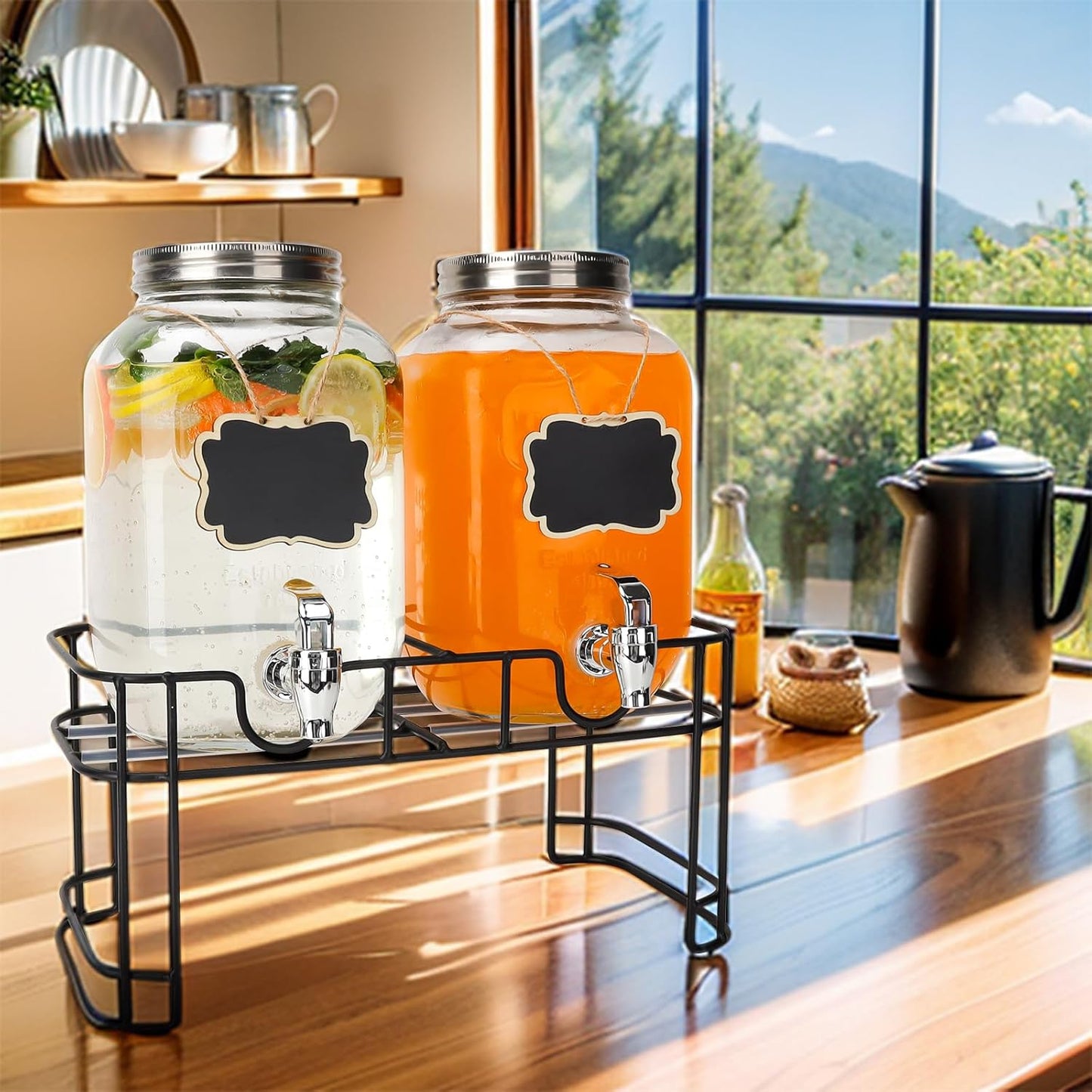 1 Gallon Glass Drink Dispensers with Wood Lid, 2 Pack Clear Beverage Dispenser with Stand and Spigot for Parties, Lemonade Dispenser with Markers and Chalkboard for BBQ, Picnic