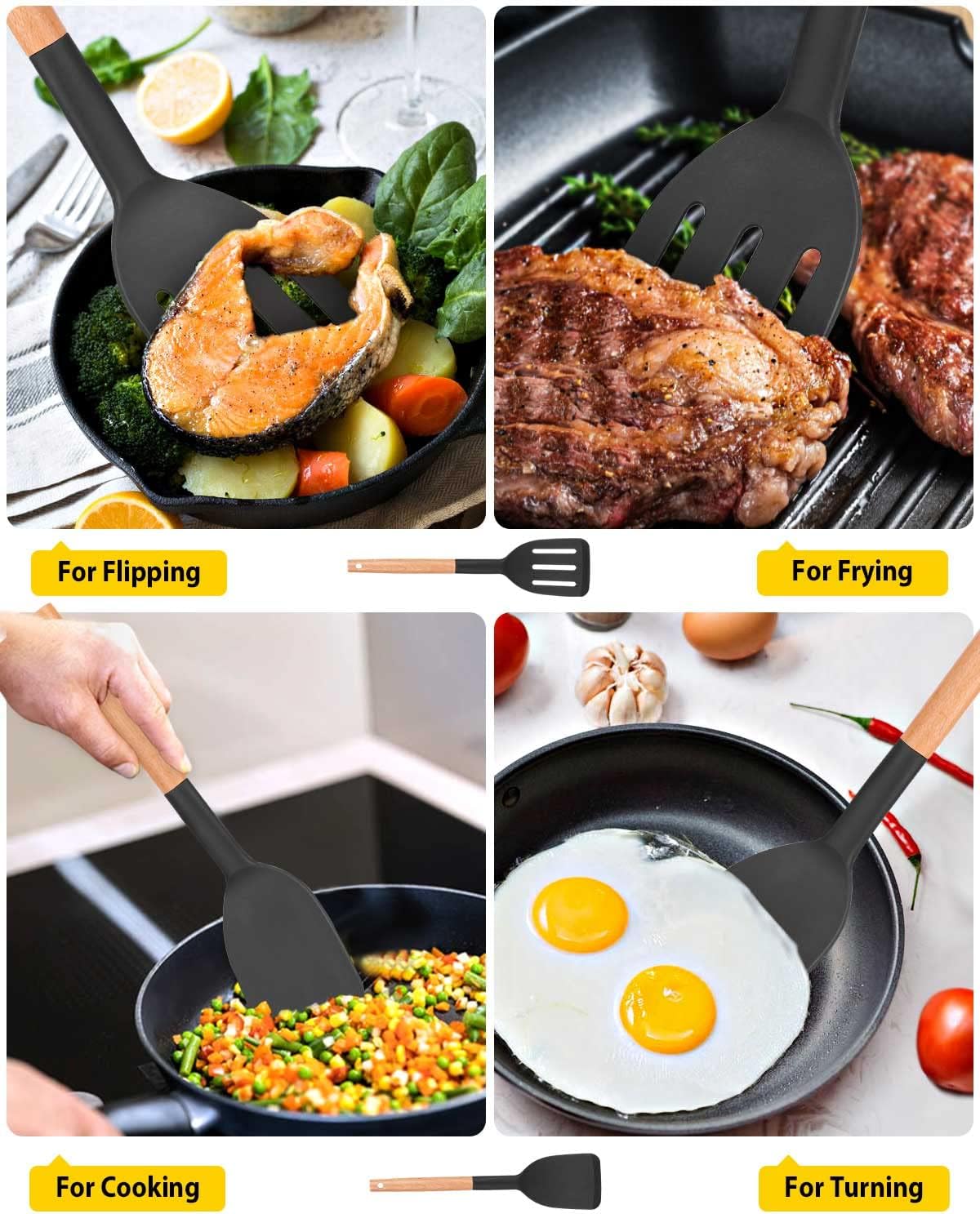 BUNDLEPRO Silicone Spatula, Solid & Slotted Turner, BPA-Free, 2 Pack, Black