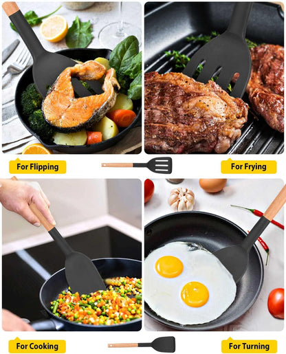 BUNDLEPRO Silicone Spatula, Solid & Slotted Turner, BPA-Free, 2 Pack, Black