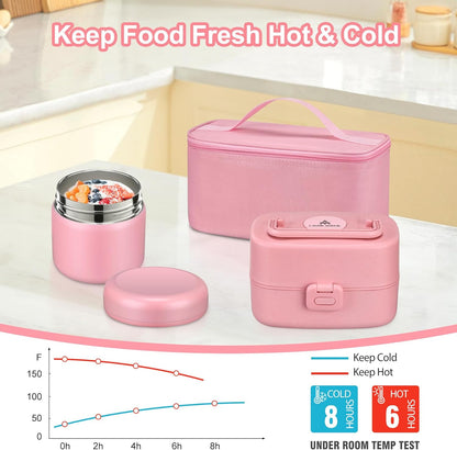 Pawtong Bento Lunch Box with 8oz Soup Thermo, Kids Sustainable Bento Box Leakproof Lunch Food Containers with Lunch Bag, Kids Thermo Insulated Hot Food Jar for School, Trvael (Blue)