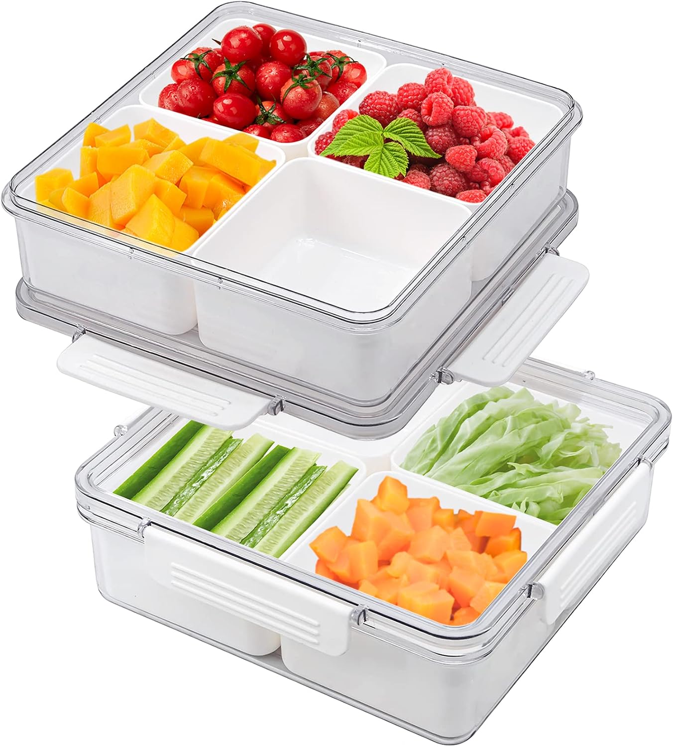 Divided Serving Tray with Lid for Veggie Charcuterie Container Portion Control Salad Keeper with 4 Removable Boxes Stackable Refrigerator Organizer Bins Food Storage Organizer Produce Saver